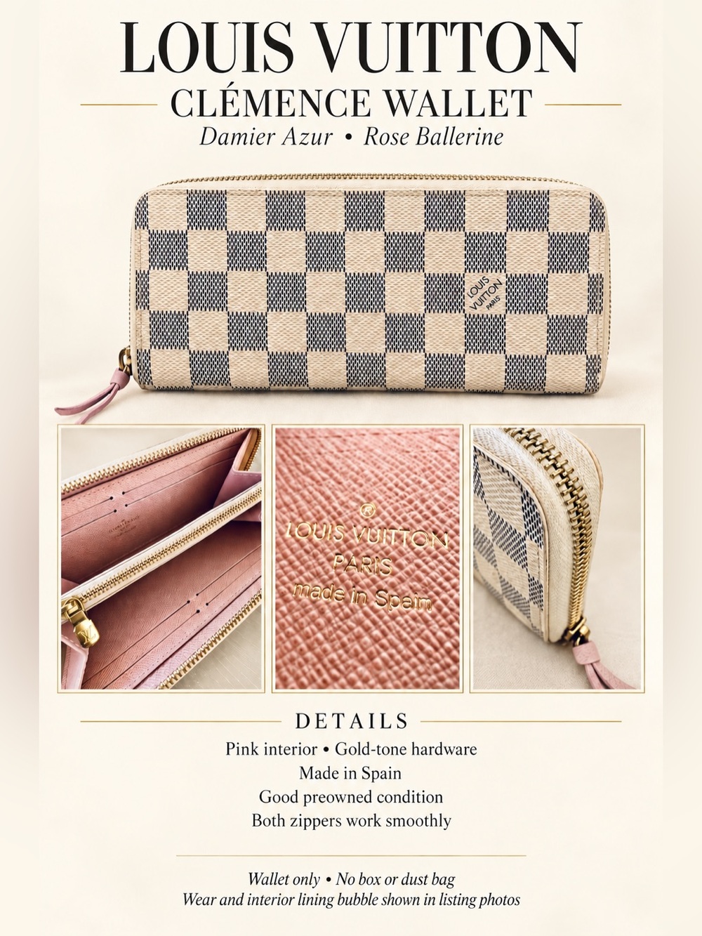 Louis Vuitton Clemence Damier Azur Wallet Rose Ballerine Pink